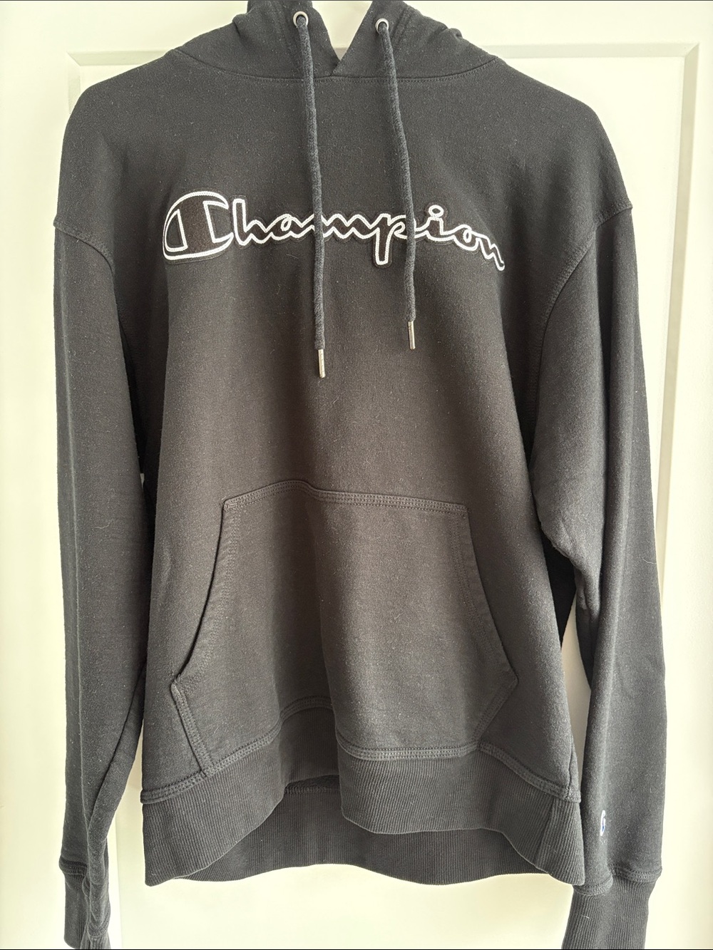 Champion Black Hoodie with White Script Logo